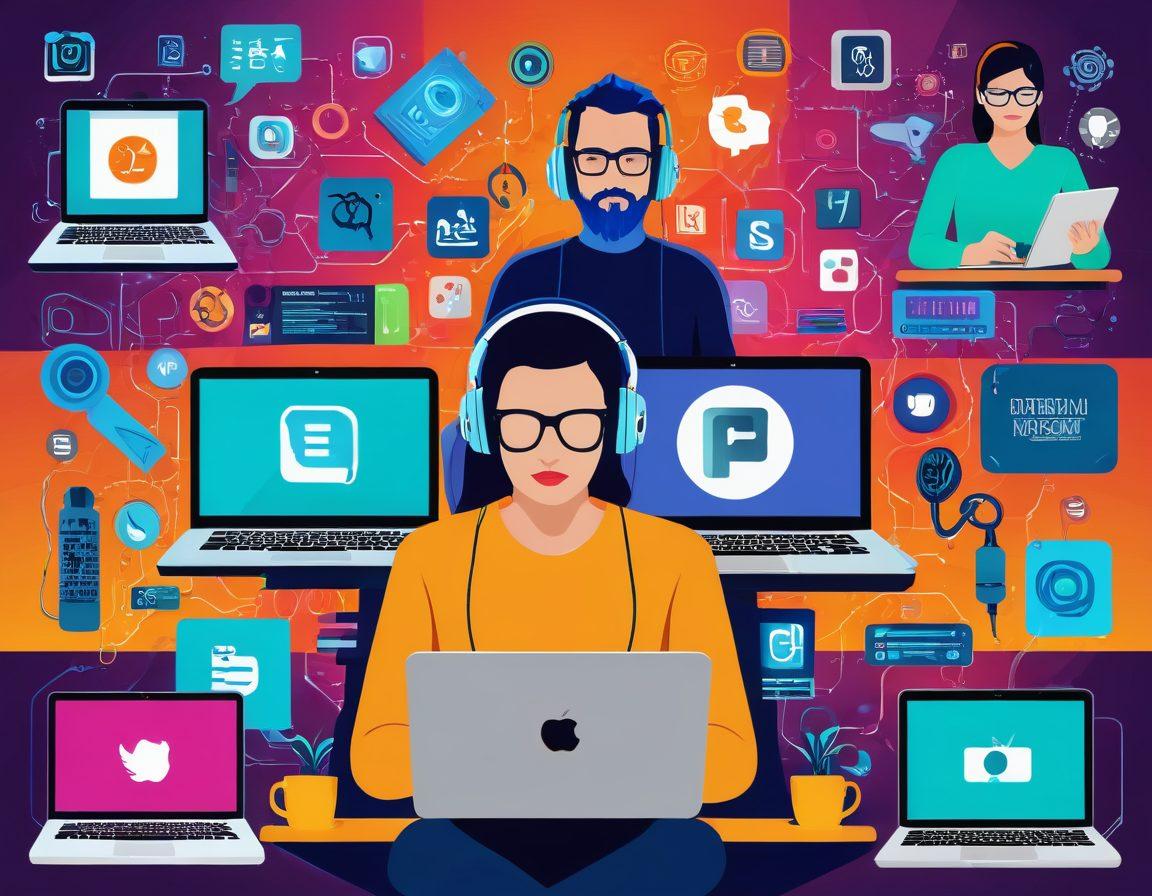 A dynamic collage showcasing the evolution of digital content creation, featuring a blogger typing at a laptop, a vibrant podcast studio with microphones, a video creator with cameras and lights, and viewers engaged on various devices like tablets and smartphones. The background should blend elements of social media icons and streaming interfaces, symbolizing viewer engagement. The overall color scheme should be energetic and modern, capturing the essence of digital creativity. vector art. vibrant colors.