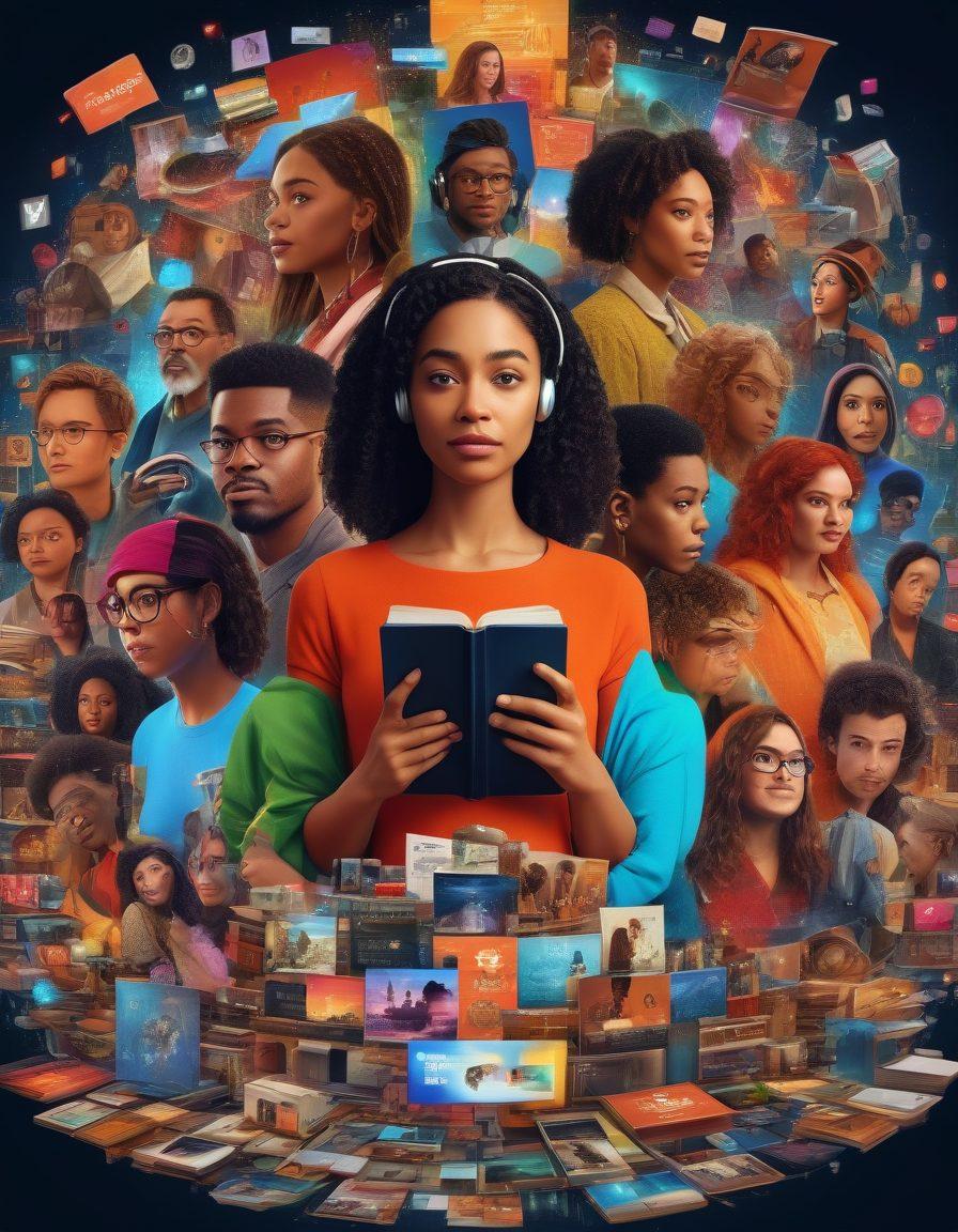A vibrant digital collage showcasing diverse characters from various digital narratives, with platforms like streaming services and social media icons in the background, radiating elements of storytelling such as books, film reels, and interactive screens. The scene should feel lively and modern, symbolizing the synergy between technology and creativity in entertainment. super-realistic. vibrant colors. 3D.