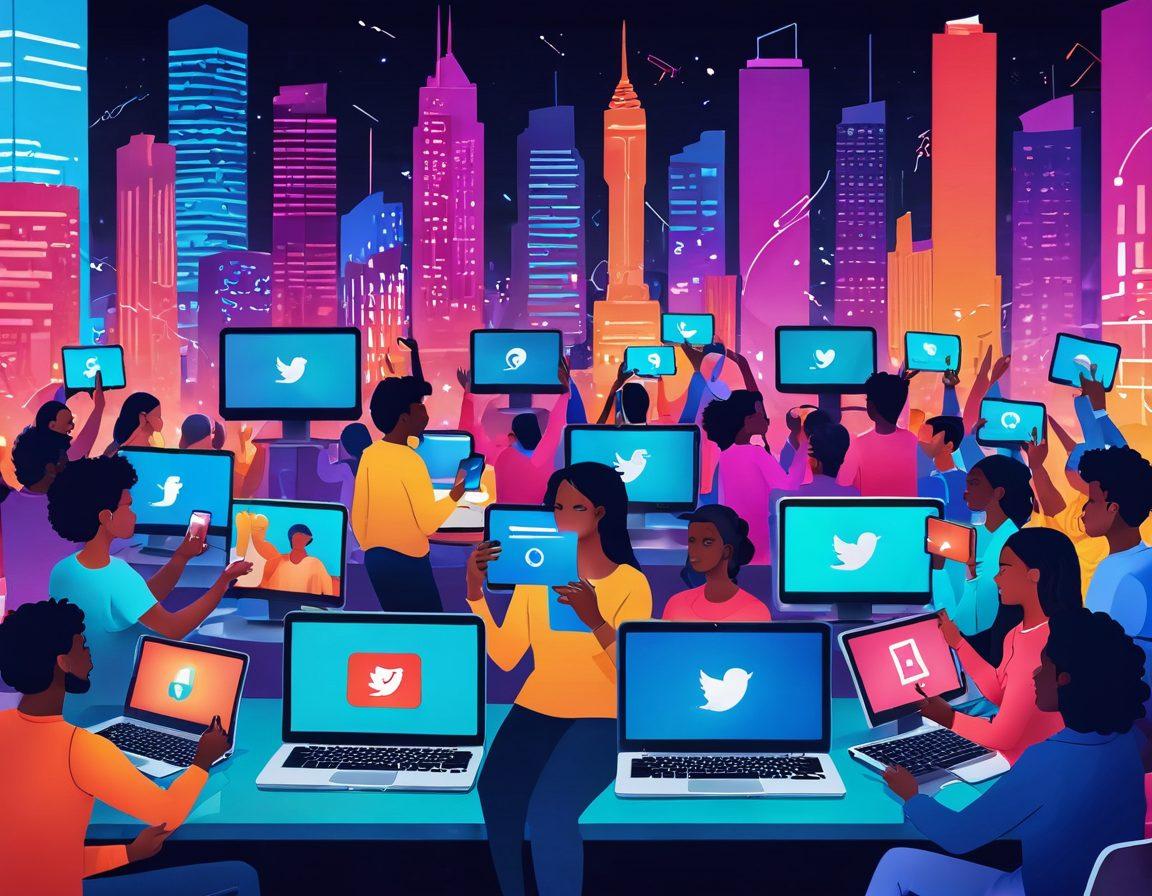 An artistic representation of a diverse group of influencers engaging with their followers through vlogs and live streaming. The scene includes various digital devices like smartphones and laptops showcasing colorful screens filled with comments and likes. The background features a futuristic cityscape symbolizing the impact of media evolution. Use vibrant colors to evoke energy and excitement, and incorporate elements of social media icons scattered throughout the image. digital art. vibrant colors. futuristic theme.